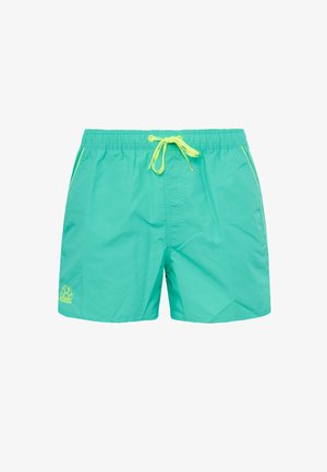 Pantaloni da bagno turchesi realizzati in materiale leggero. Presentano una vita elastica con un cordoncino giallo, tasche laterali e un logo.