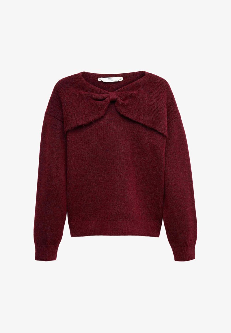 Burgundský svetr vyrobený z měkkého pleteného materiálu, s širokým límcem a detailem mašle, ribovanými manžetami a spodním okrajem.