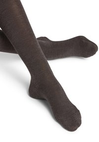 Dark brown cotton blend socks with a smooth texture, fitted shape, and reinforced toe and heel. Subtle sheen enhances the minimalist design.