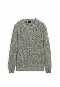 Pull en tricot gris avec un motif texturé, col rond et manches longues. Fabriqué en tissu moyen épais et confortable.