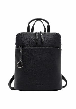 Zwarte rugzak van getextureerd leer met dubbele ritssluiting, voorvak met rits, bovenhandvat en verstelbare schouderriemen.