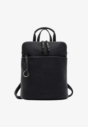 Sac à dos en cuir noir texturé avec fermeture à double glissière, poche avant zippée, poignée supérieure et bretelles réglables.