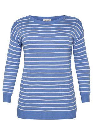 Blauwe en witte gestreepte trui met een brede halslijn, lange mouwen en geribde manchetten en zoom. Gemaakt van zachte, gestructureerde brei-stof.