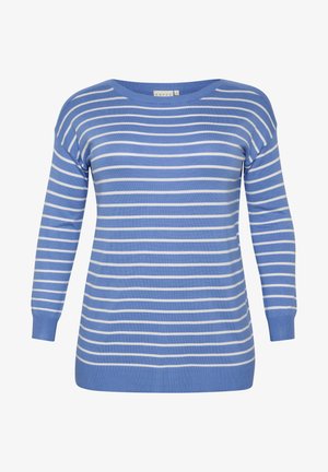 Blauwe en witte gestreepte trui met een brede halslijn, lange mouwen en geribde manchetten en zoom. Gemaakt van zachte, gestructureerde brei-stof.