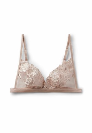 Nude kant bralette, met rozenborduursel, driehoekcups, verstelbare bandjes en een zachte satijnen onderband.