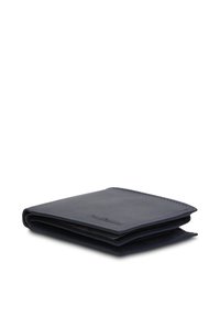 Portafoglio in pelle nera con forma rettangolare, finitura testurizzata, design pieghevole e dettaglio del logo in rilievo sulla parte anteriore.