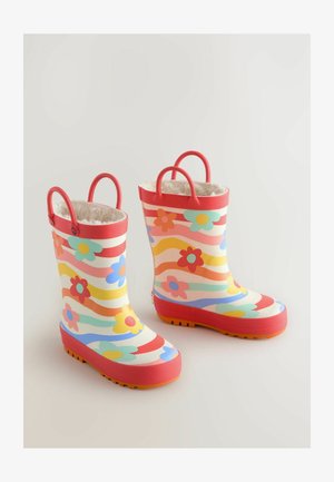 Bunte Gummistiefel mit einem floralen Muster, denen wellenförmige Streifen, rote Akzente und strukturierte Sohlen einen auffälligen Look verleihen. Sie sind mit zwei Griffen für ein einfaches An- und Ausziehen gestaltet.