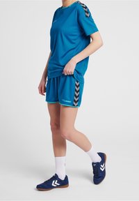 Osoba oblečená v modrém sportovním oblečení s chevronovými pruhy na rukávech a šortkách, v bílých ponožkách a modrých sportovních botách do indoors s gumovou podrážkou.