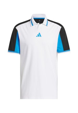Valkoinen poolopaita, jossa mustat ja siniset lyhyet hihat, sinisellä raidalla ja Adidas-logo rinnassa sinisenä. Kevyt kangas.