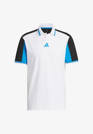 Valkoinen poolopaita, jossa mustat ja siniset lyhyet hihat, sinisellä raidalla ja Adidas-logo rinnassa sinisenä. Kevyt kangas.