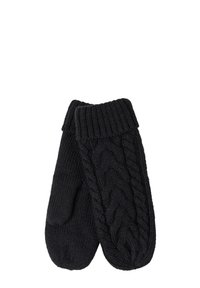 Schwarze gestrickte Handschuhe mit einem gerippten Bündchen, das ein auffälliges Zopfmuster auf der Außenseite zeigt, um zusätzliche Textur und Wärme zu bieten.