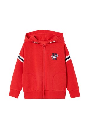 Red zip-up hoodie with hood, front pockets, white and navy stripes on sleeves, and "Montauk NY" logo on chest.