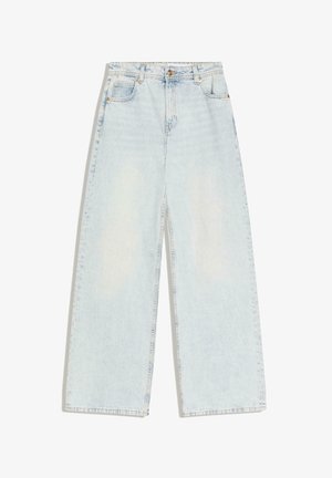 Jeans a gamba larga azzurri con cinque tasche, passanti per cintura e chiusura con bottone sulla parte anteriore della vita.