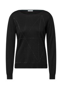 Maglione nero a maglia con maniche lunghe e scollatura rotonda, decorato con un motivo geometrico di piccole borchie sulla parte anteriore.