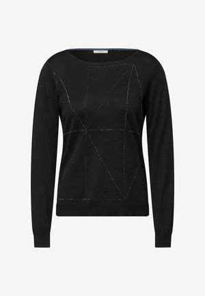 Maglione nero a maglia con maniche lunghe e scollatura rotonda, decorato con un motivo geometrico di piccole borchie sulla parte anteriore.