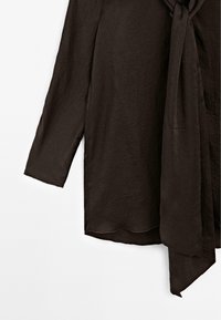 Blusa marrone, leggera, con maniche lunghe in tessuto testurizzato e un accento al collo legato. L'orlo presenta un morbido bordo inferiore curvo.