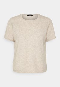 Beige kortærmet sweater med rund halsudskæring, lavet af blødt, tekstureret stof. Simpelt design med en afslappet pasform og uden synlige mønstre.