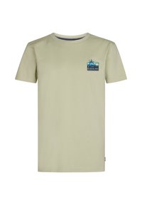 Lichtgroene katoenen T-shirt met korte mouwen, ronde hals en een kleine grafische print met een palmboom en strandscène op de linkerkant van de borst.