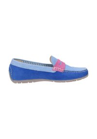 Hellblaue Wildleder-slipper mit blauen und hellblauen Farbtönen, die mit einem rosa Akzentband und weißer Naht verziert sind. Flexible Sohle mit strukturiertem Griff.