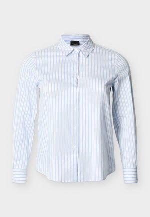 Πουκάμισο με μακριά μανίκια, κουμπιά, κάθετες ρίγες σε μπλε και μπεζ, με μυτερό γιακά και εφαρμοστά μανσέτα σε λευκό φόντο.