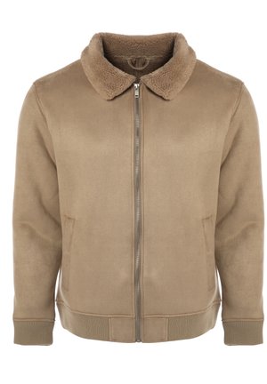 Pruun lukuga jakk, millel on pehme lambanahast krae, küljetaskud, soonikkoes varrukasääred ja sile tekstuur. Vabaaja disain, sobib kihiliseks kandmiseks.