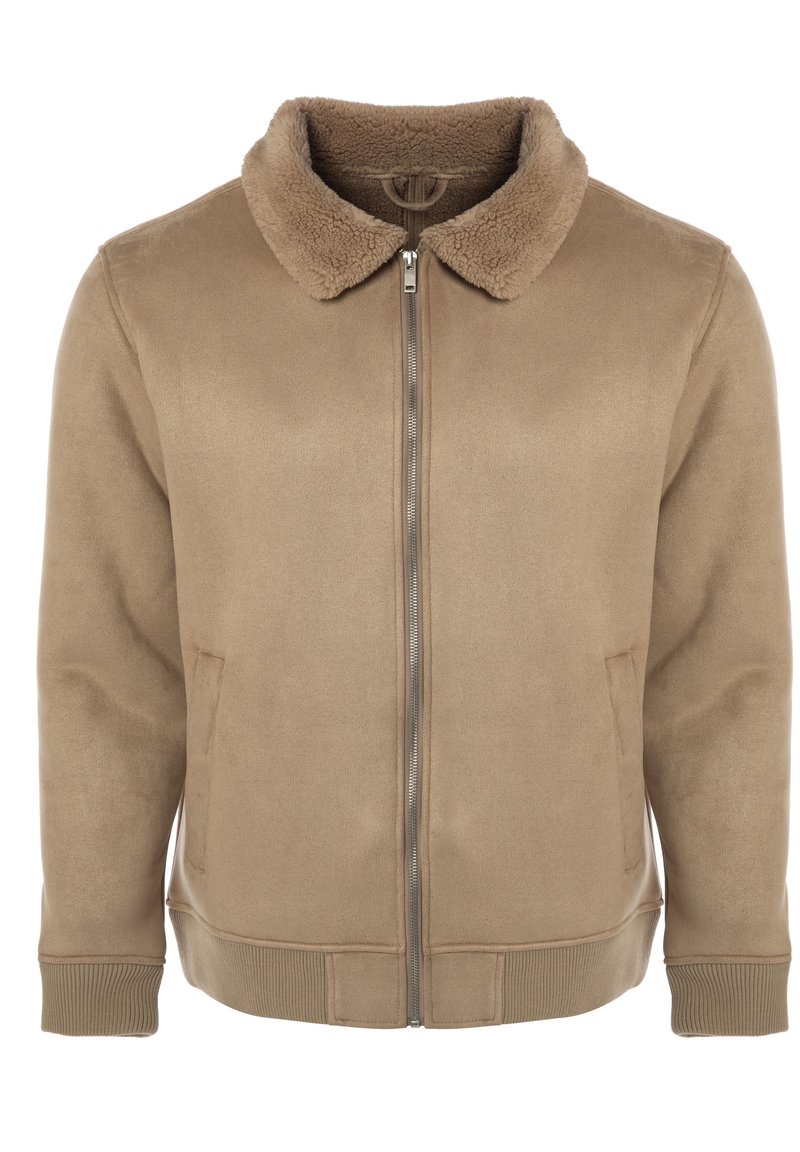 Pruun lukuga jakk, millel on pehme lambanahast krae, küljetaskud, soonikkoes varrukasääred ja sile tekstuur. Vabaaja disain, sobib kihiliseks kandmiseks.