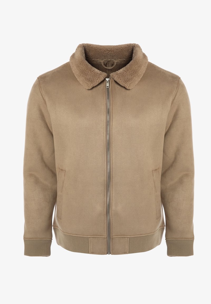 Pruun lukuga jakk, millel on pehme lambanahast krae, küljetaskud, soonikkoes varrukasääred ja sile tekstuur. Vabaaja disain, sobib kihiliseks kandmiseks.