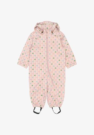 Mono de niño en rosa claro con rayas verticales y patrones de corazones en colores pastel. Cuenta con capucha, cierre de cremallera y puños elásticos.