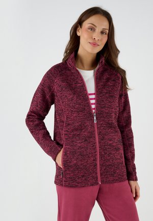 Chaqueta de forro polar en un patrón de melange rosa, con un collar alto, cierre de cremallera, bolsillos laterales y tejido texturizado. Combinada con pantalones rosas.
