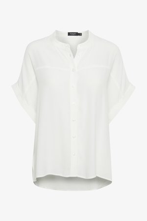 White short-sleeve blouse made of lightweight fabric, featuring a mandarin collar, button closure, and a relaxed fit with side slits.