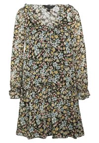 Květinové šaty vyrobené z lehkého, průhledného materiálu. Černé pozadí s květinami v pastelových barvách. Obsahují volánkový výstřih a dlouhé rukávy.