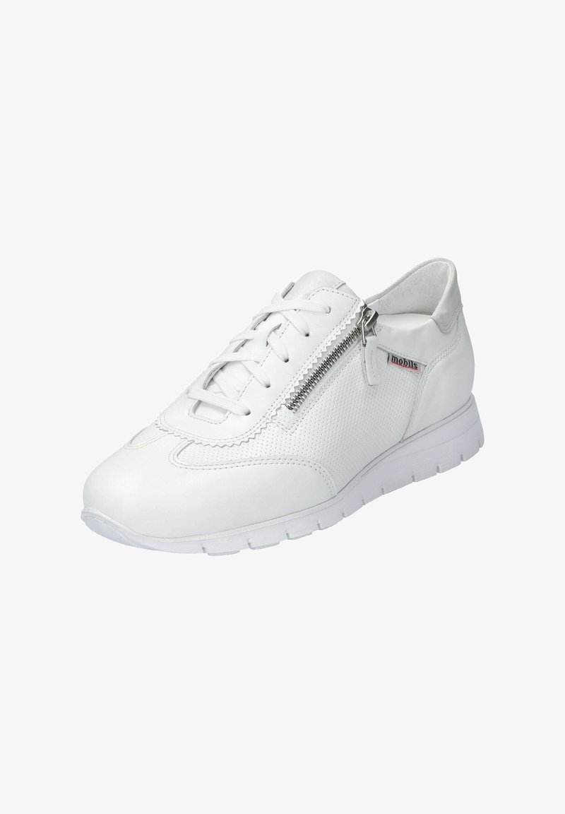 Sneaker blanc en cuir lisse et perforé avec un bout arrondi, un devant à lacets plats et un détail de fermeture éclair sur le dessus.