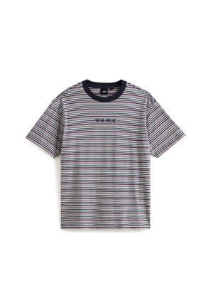 Striped short-sleeve t-shirt featuring navy ribbed neckline, horizontal stripes in gray, red, and blue, with "VANS" logo on the chest.