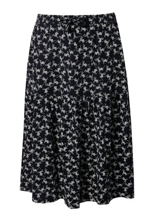 Zwarte midirok met witte abstracte schriftprint, geplooide naad onder de heupen en een elastische tailleband met aantrekkoord.