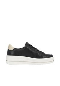 Schwarze Lederturnschuhe mit runder Spitze, Textil-Schnürsenkeln und crèmefarbener Fersenakzent. Verfügt über eine dicke weiße Plateausohle.