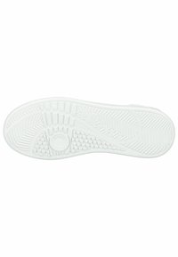 White sneaker outsole featuring a textured pattern with various grooves, circles, and ridges for traction and grip. Smooth rubber material.