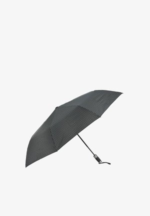 Kompaktowy czarny i szary parasol w kratkę z prostą rączką i mechanizmem otwierania na przycisk. Teksturowany materiał z metalową ramą.