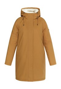Brązowy płaszcz parka z kapturem, miękką białą podszewką, regulowanymi sznurkami, długimi rękawami i kieszeniami po bokach. Posiada prosty krój i gładką fakturę.