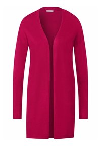 Fuchsie s dlouhým rukávem otevřený cardigan s hladkým pleteným povrchem, s rovnými liniemi a bez zapínání, určený pro všestranné vrstvení.