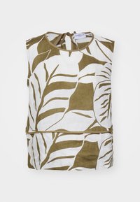 Haut blanc avec motif de feuilles vertes, fabriqué à partir d'un tissu léger. Présente un col rond et une fermeture à nouer dans le dos. Conception sans manches.