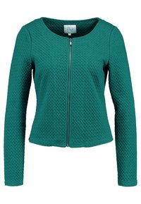 Szmaragdowa, fakturowana kurtka z długim rękawem, z zamkiem błyskawicznym z przodu i okrągłym dekoltem, ozdobiona subtelnym wzorem w jodełkę.