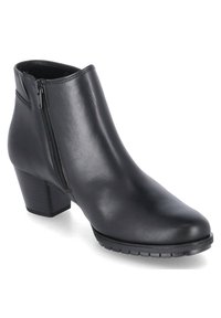 Botas negras hasta el tobillo de piel suave, con cremallera lateral, puntera ligeramente redondeada y tacón cuadrado para mayor estabilidad. Suela texturizada.