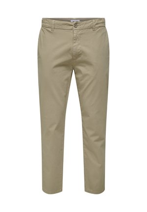 Beige cotton trousers with a button closure, belt loops, and a straight cut, featuring minimalistic design and smooth texture.
