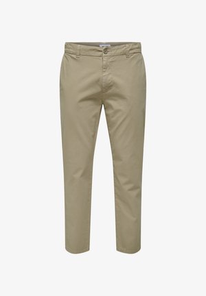 Beige cotton trousers with a button closure, belt loops, and a straight cut, featuring minimalistic design and smooth texture.