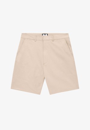 Beige casual men's shorts with belt loops, front pockets, and a zipper fly closure, displayed flat on a white background.