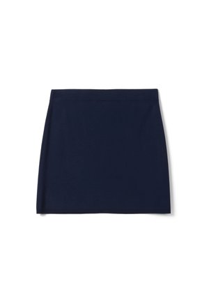 Falda recta azul oscuro hasta la rodilla con una cintura sencilla, mostrada plana sobre un fondo blanco.
