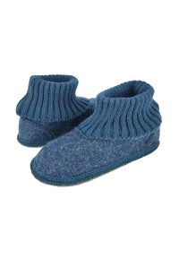 Blaue Wollschuhe mit gerippten Knöchelabschlüssen, einer weichen, gefilzten Textur und einer kontrastierenden blauen Sohle. Abgerundete Zehenform für mehr Komfort.
