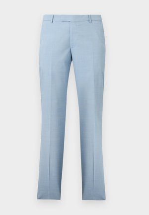 Lichtblauwe, op maat gemaakte herenkostuurbroek met riemlussen en een rits aan de voorkant, afgebeeld tegen een witte achtergrond.