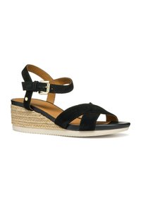 Sandal con zeppa in suede nero, design open-toe, cinturino alla caviglia e chiusura con fibbia. Presenta dettagli in juta intrecciata e suola in gomma.
