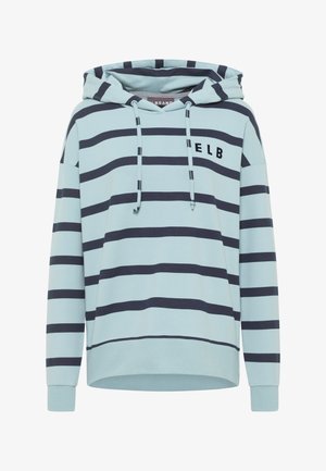 Felpa leggera blu con strisce orizzontali blu navy, cappuccio con lacci e tasca frontale. Presenta maniche corte e una vestibilità comoda. Logo nero sul petto.